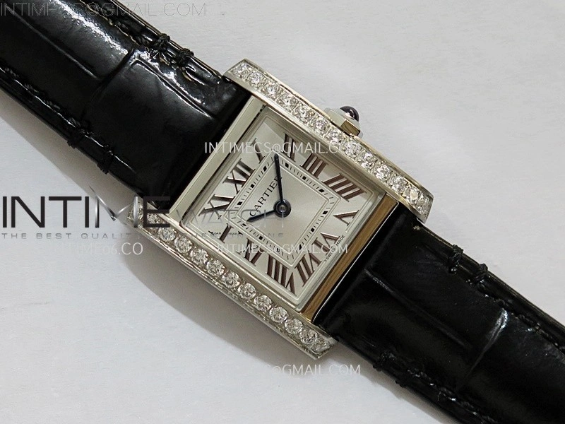 Tank Francaise Ladies 21.2mm Diamond Bezel SS 8848F 1:1 Best Edition Silver Dial on Black Leather Strap Ronda Quartz V2